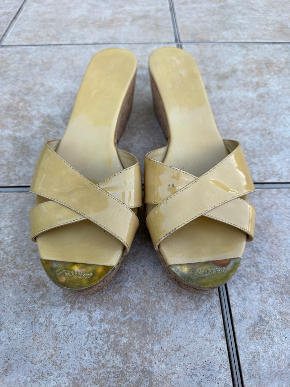 Jimmy Choo Patent Leather Cork Wedge Sandal